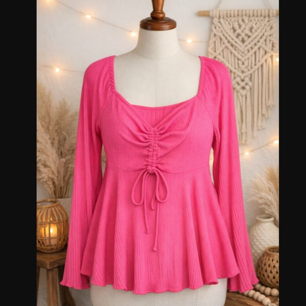 Shein Curve Hot Pink Ribbed Babydoll Top 3XL (Fits XL–1X) Coquette Cottagecore